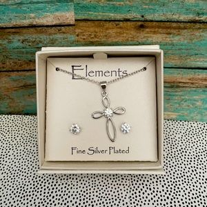 Elements Fine Silver Jewelry Plated Cross & Earrings NIB